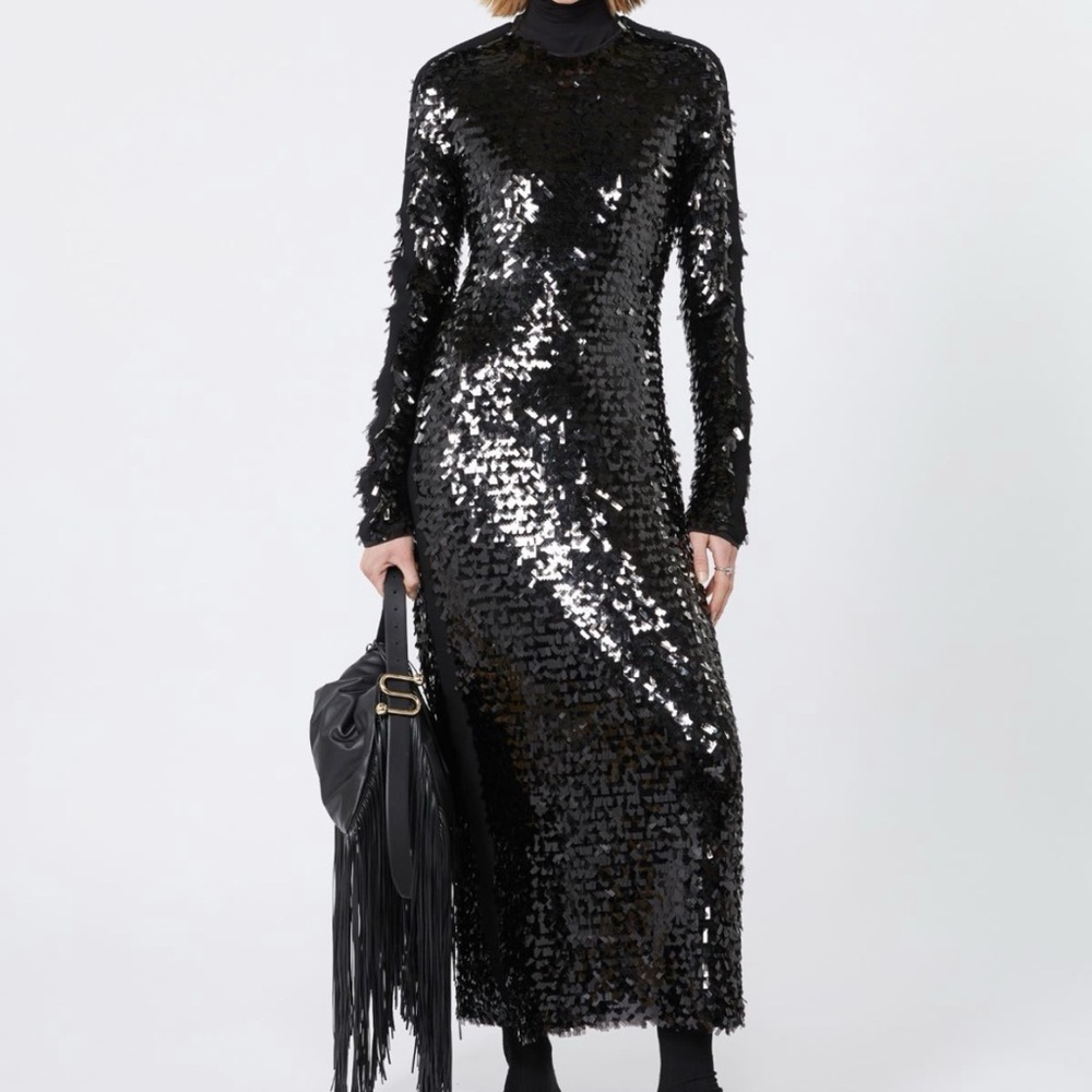 ZARA Black Sequin Knit Mock Neck Long Dress S - Picture 3 of 16